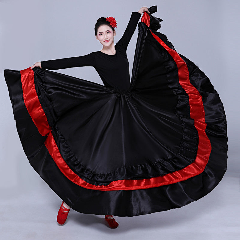 Flamenco Dance Skirt | Spanish Ballroom Swing Skirt | Red & Black Satin Ruffle Maxi Skirt | Performance Costume for Women