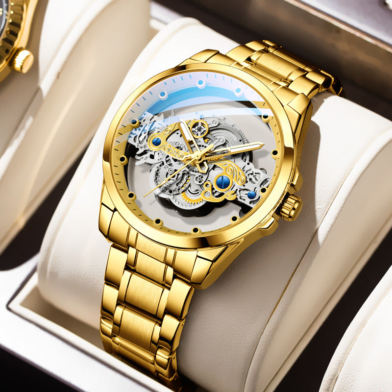Skelettierte mechanische Herrenuhr mit Automatikwerk | Hohlprofil-Tourbillon, Goldzahnrad, Edelstahl | Luxuriöse Uhr mit blauen Akzenten 