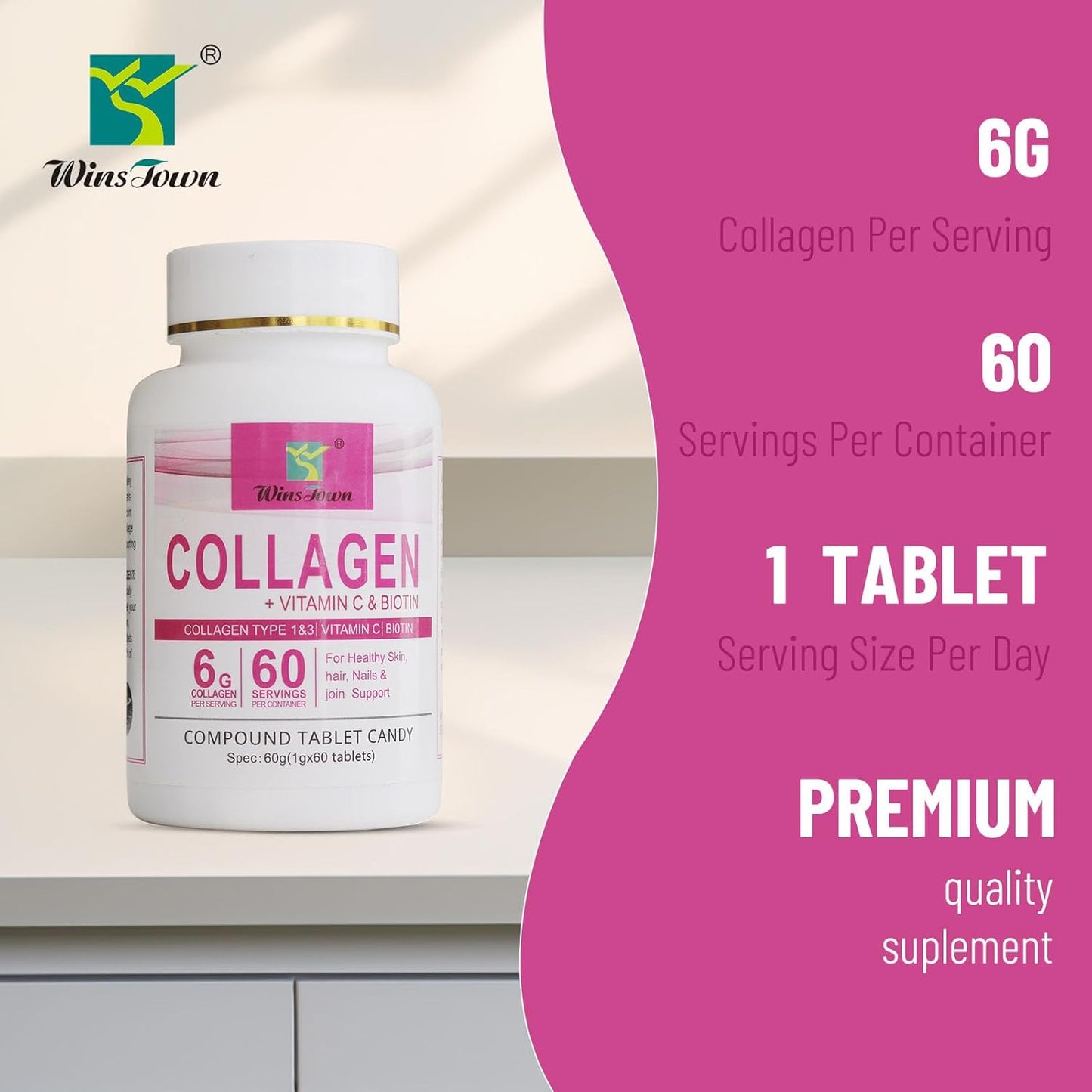 WinsTown Collagen + Vitamin C & Biotin Tablets | Type 1 & 3 Collagen 6g per Serving 60 Tablets Skin Hair Nails & Joint Support Supplement