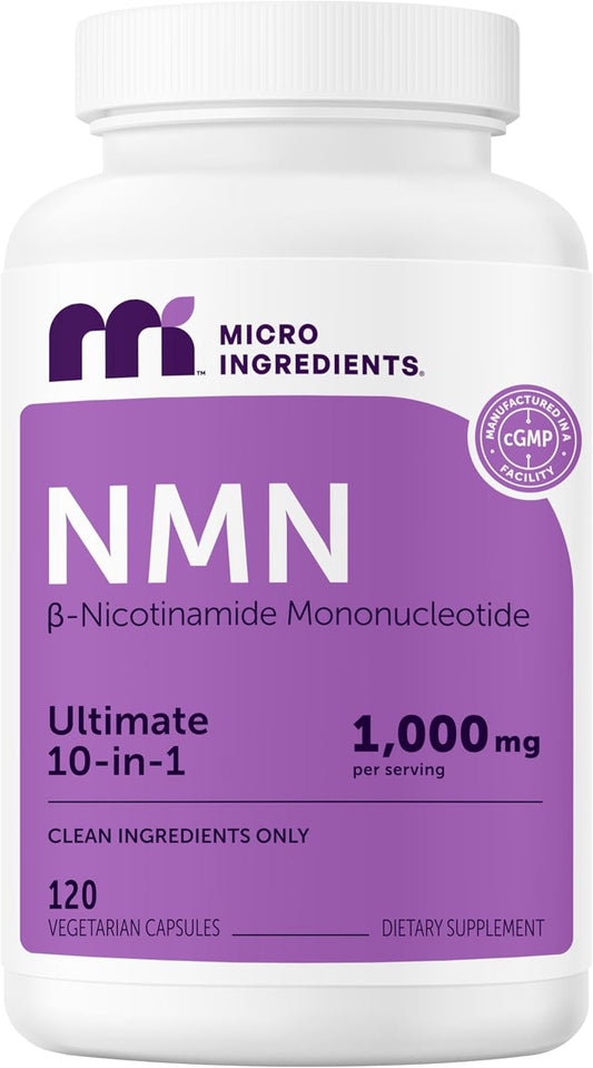Micro Ingredients NMN 1000mg Supplement - Beta Nicotinamide Mononucleotide Ultimate 10-in-1 - Clean Ingredients - 120 Vegetarian Capsules - NAD+ Booster for Energy, Anti-Aging & Cellular Health