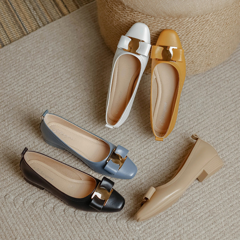 Beige Bow Flat Pumps Women Square Toe Low Heel Dress Shoes Slip-On Office Work Loafers