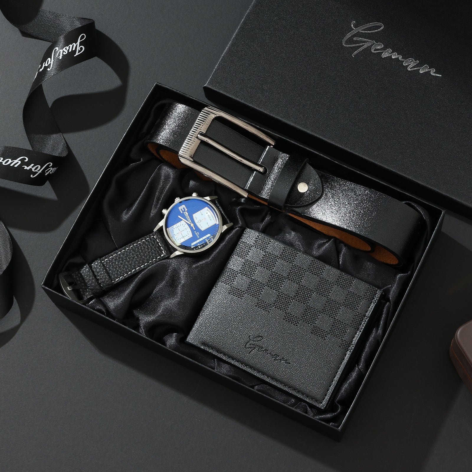 Geman Men's Luxury Gift Set – 6-Piece Black Leather Belt, Wallet, Watch, Bracelet, Keychain & Pen Box Set | Premium Men's Gift