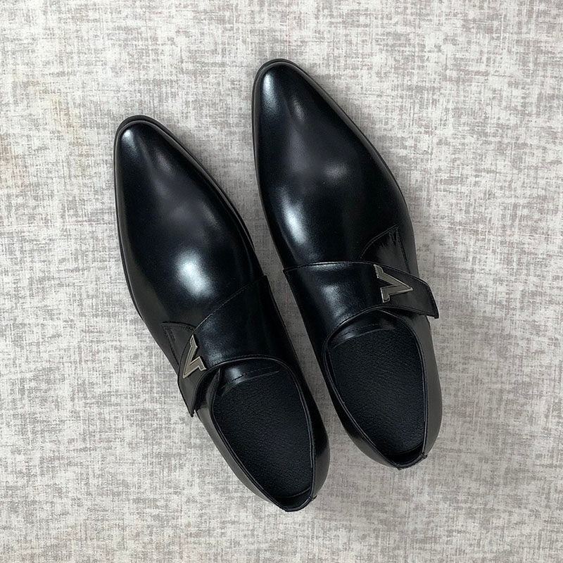 Men's Black Leather Single Monk Strap Dress Shoes | V-Logo Metal Buckle Formal Oxford