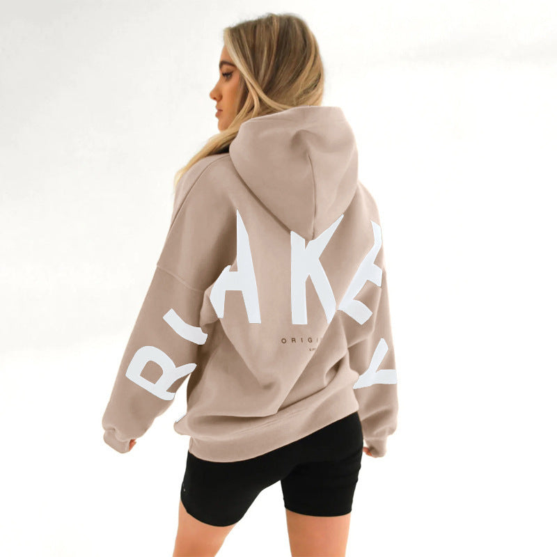 Blakey Originals Oversized Hoodie | Camel Tan Letter Print Pullover | Women's Streetwear Fleece Sweatshirt | Casual Aesthetic Fashion