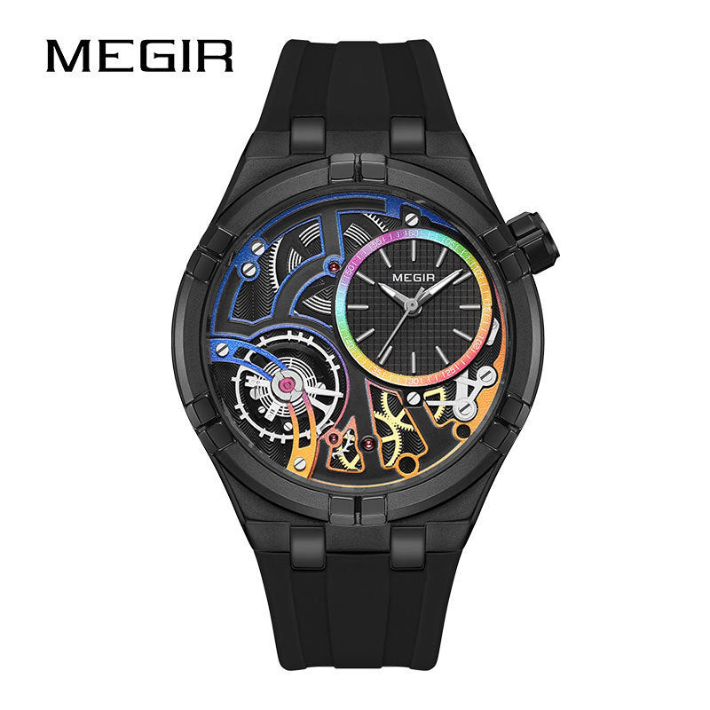 MEGIR Skeleton Watch for Men | Rainbow Dial Luxury Sport Quartz Watch Black Silicone