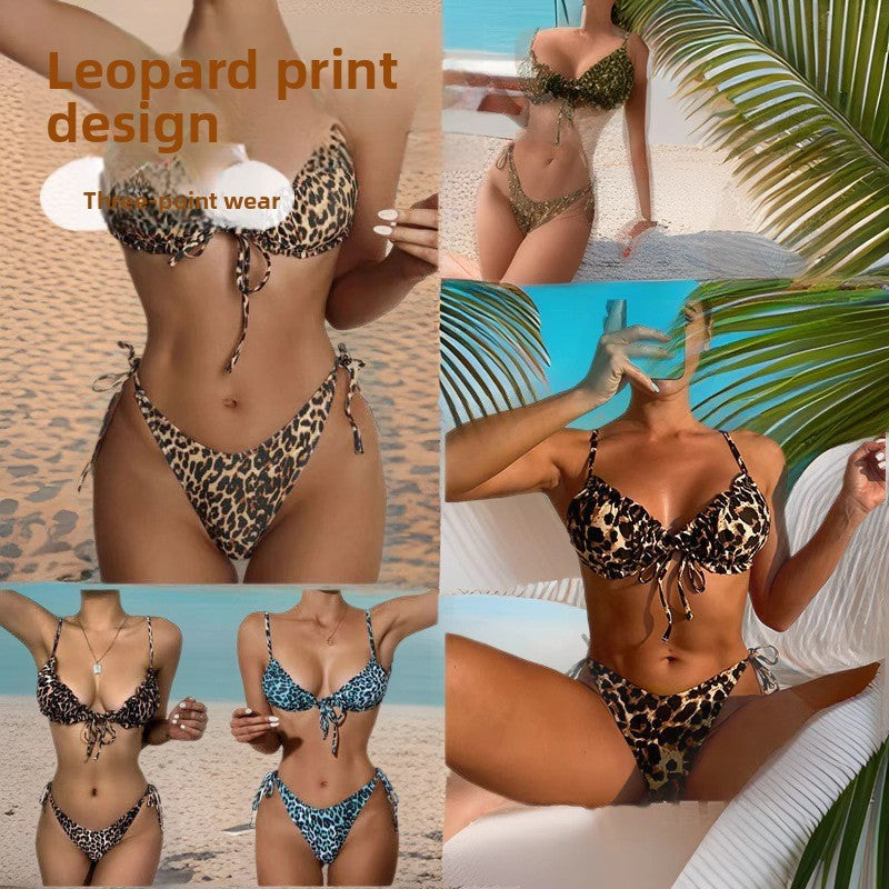 Green Leopard Print Bikini Set, Ruched Front Tie Underwire Top & Tie Side Cheeky Bottom, Women Animal Print Swimwear, Army Olive Gold Sexy Beach Swimsuit, Two Piece Bathing Suit