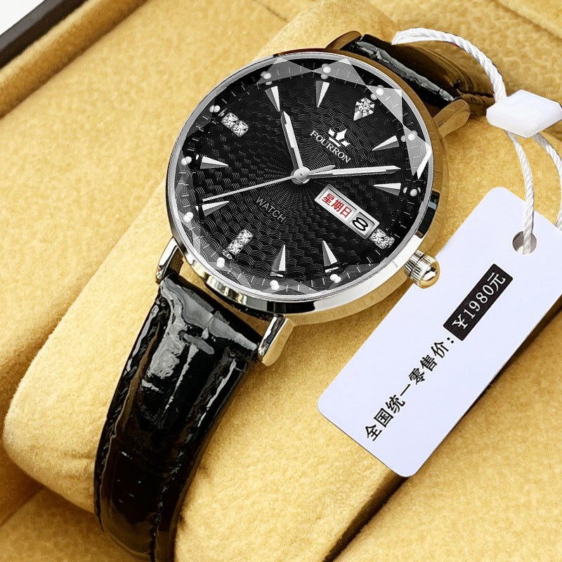 Fourron Rose Gold Mesh Women's Watch | White Dial Crystal Markers Day Date Display Elegant Quartz Timepiece