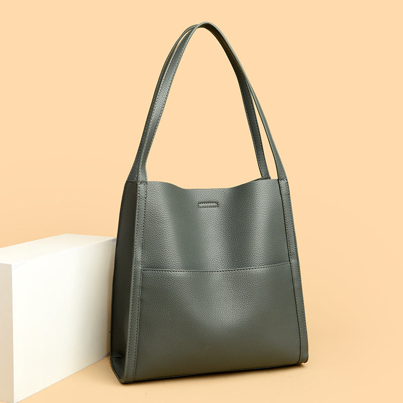 Black Leather Tote Bag with Front Slip Pocket | Minimalist Shoulder Bag