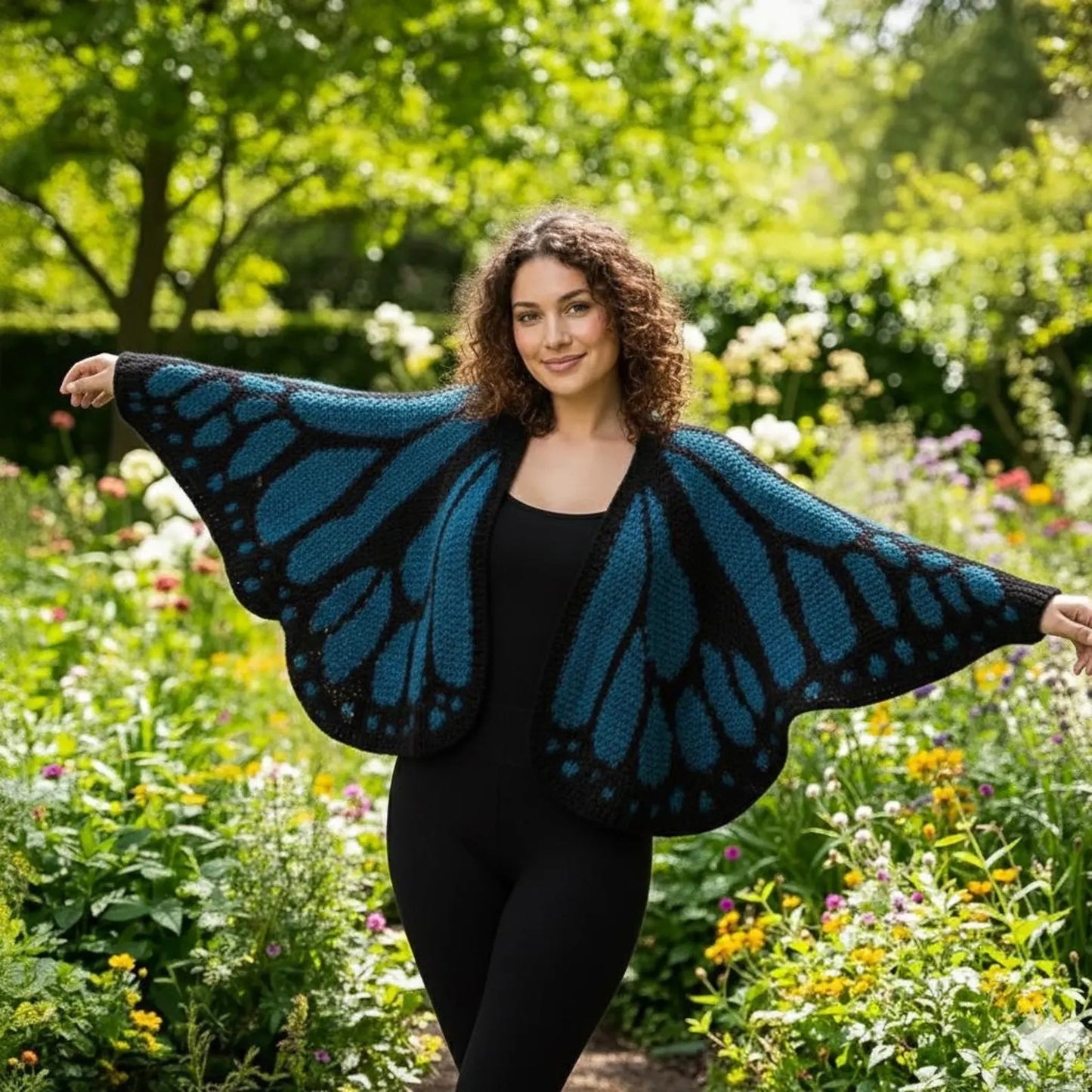 Butterfly Wing Knit Cardigan Women | Pink & Black Monarch Oversized Shawl Wrap Sweater | Boho Fairy Cottagecore Jacket
