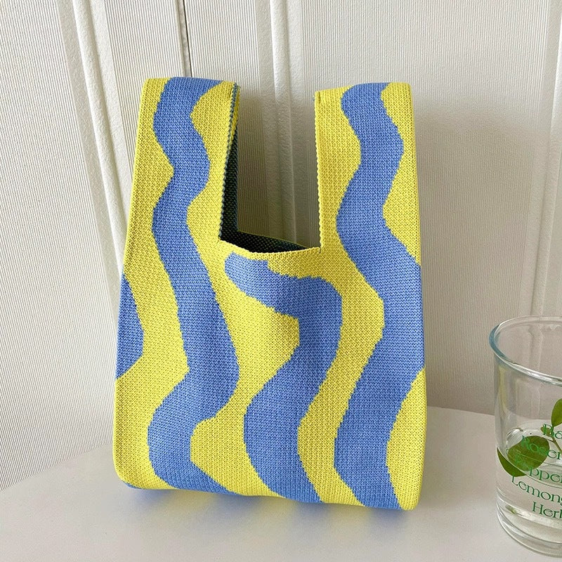 Black & White Geometric Knit Tote Bag | Aztec Pattern Wrist Handle Handbag | Boho Crochet Style Women's Bag