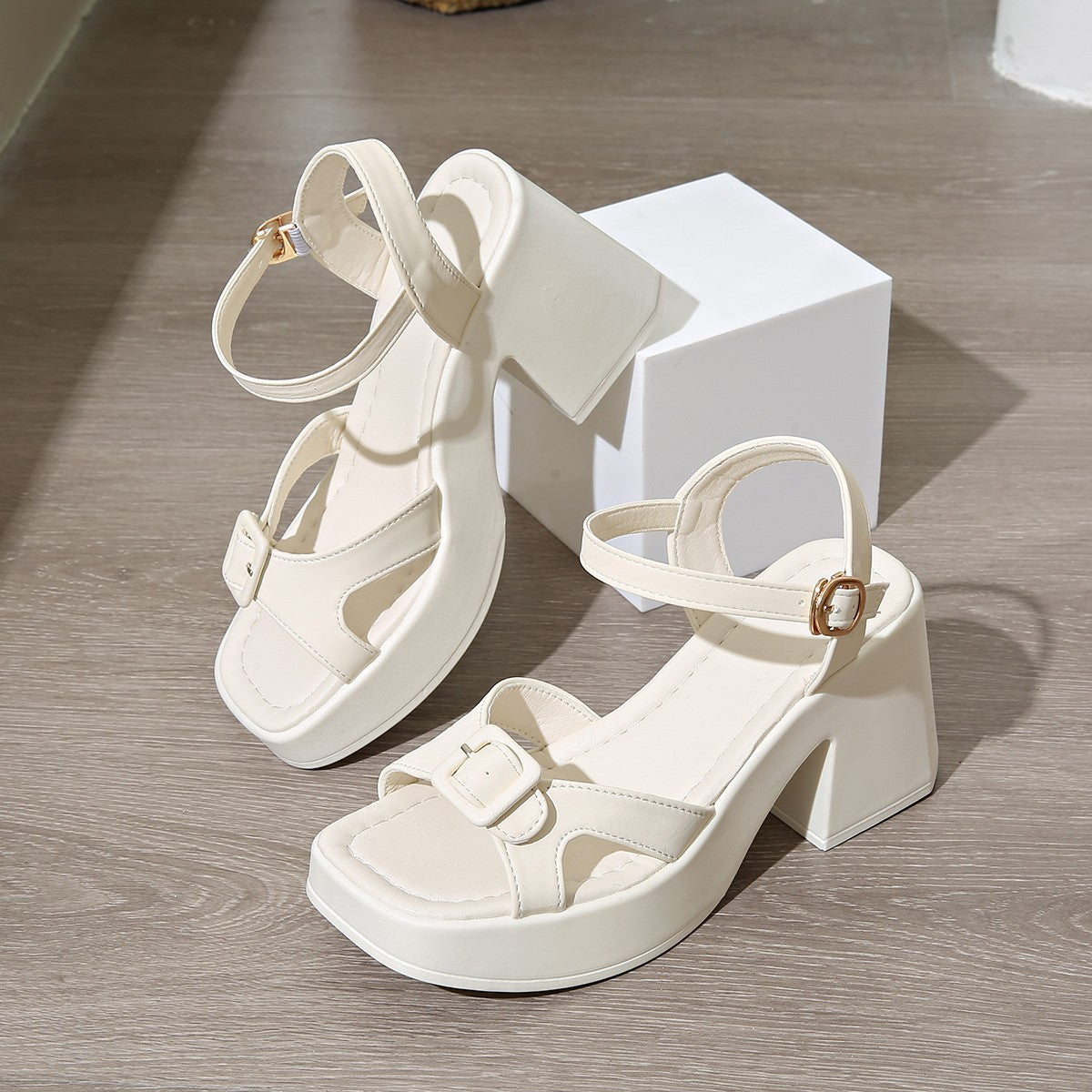 Black Platform Block Heel Sandals | Women's Open Toe Double Buckle Ankle Strap Chunky Heel Shoes | Retro Summer Heels