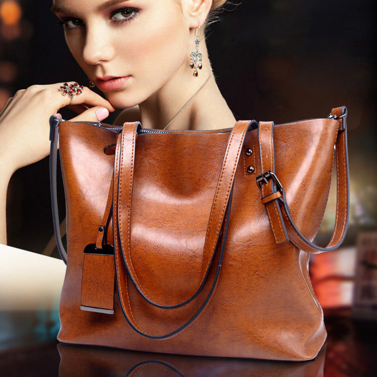 Cognac Brown Leather Tote Bag with Crossbody Strap | Vintage Style Shoulder Bag