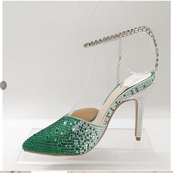 Green Crystal Rhinestone Heels & Matching Clutch Bag Set | Diamante Stiletto Pointed Toe Slingback Evening Shoes & Purse