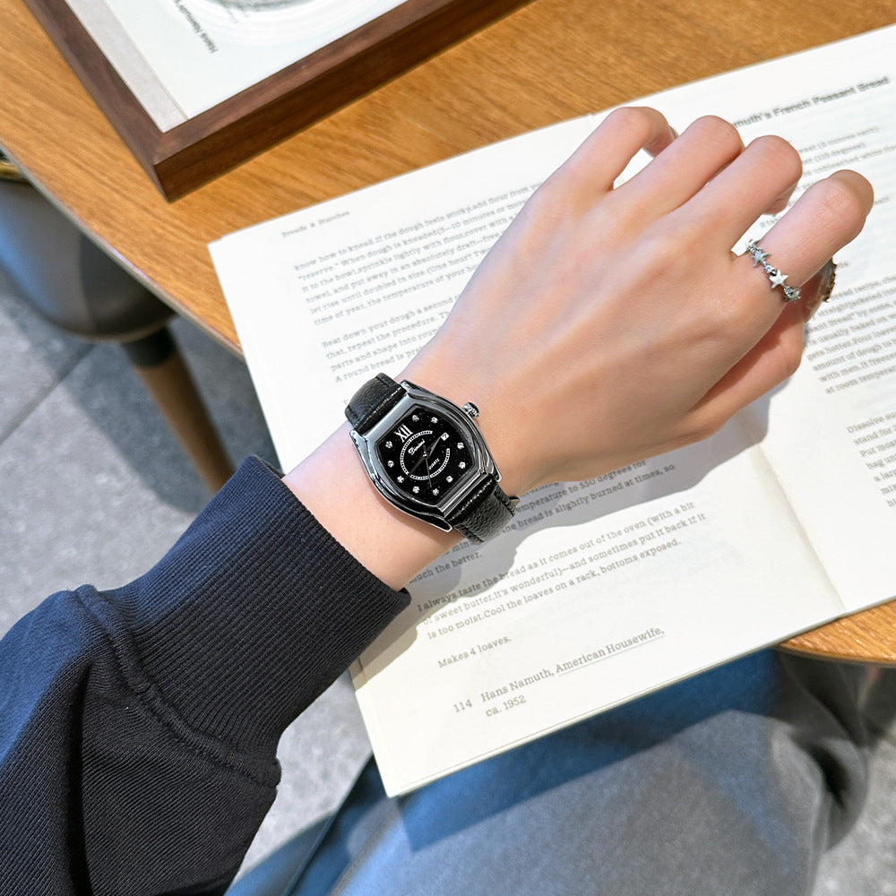 Dinimi Tonneau Watch Women | Black Starry Crystal Dial | CZ Diamond Markers Roman Numeral | Silver Case Black Leather Date Watch