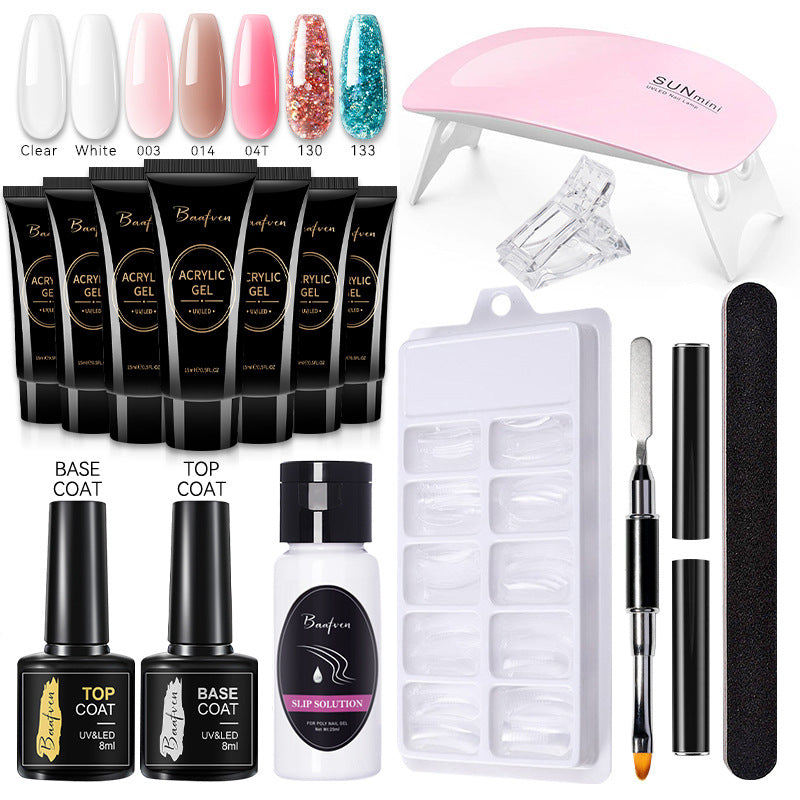 Baafven 11PCS Acrylic Gel Nail Extension Kit | Poly Gel Set with UV LED Nail Lamp, Top & Base Coat, Nail Forms & Tools
