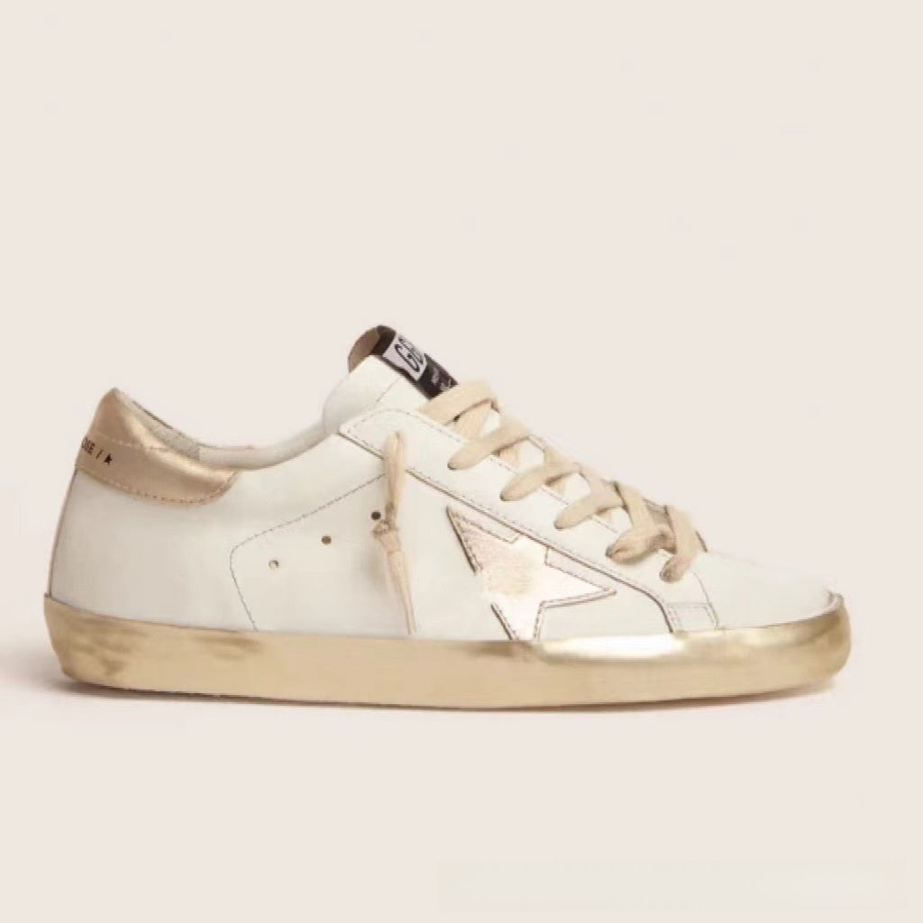 Women's White Distressed Star Patch Low Top Sneakers ? Vintage Worn Look Leather Style Lace-Up Shoes
