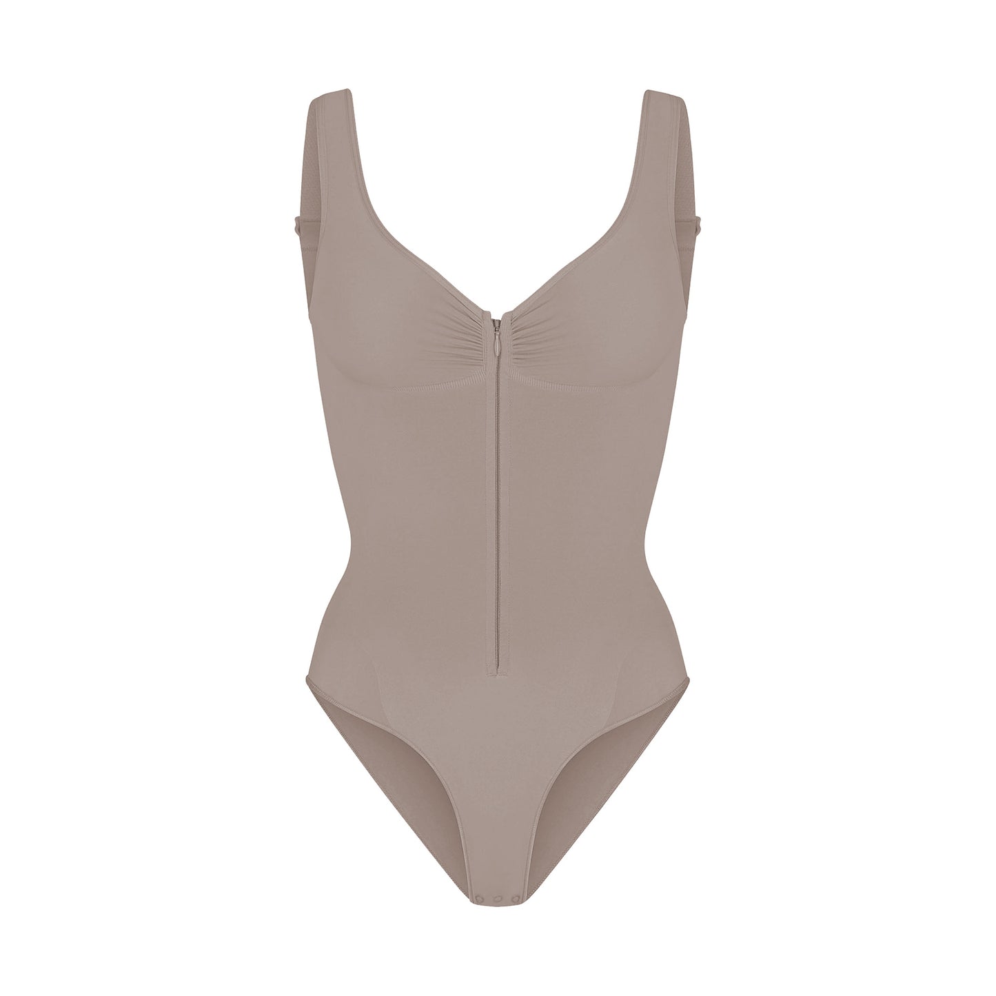 Womens Seamless Tummy Control Bodysuit Shapewear with Zipper Front Deep V Neck Adjustable Straps Thong Body Shaper in Nude and Black