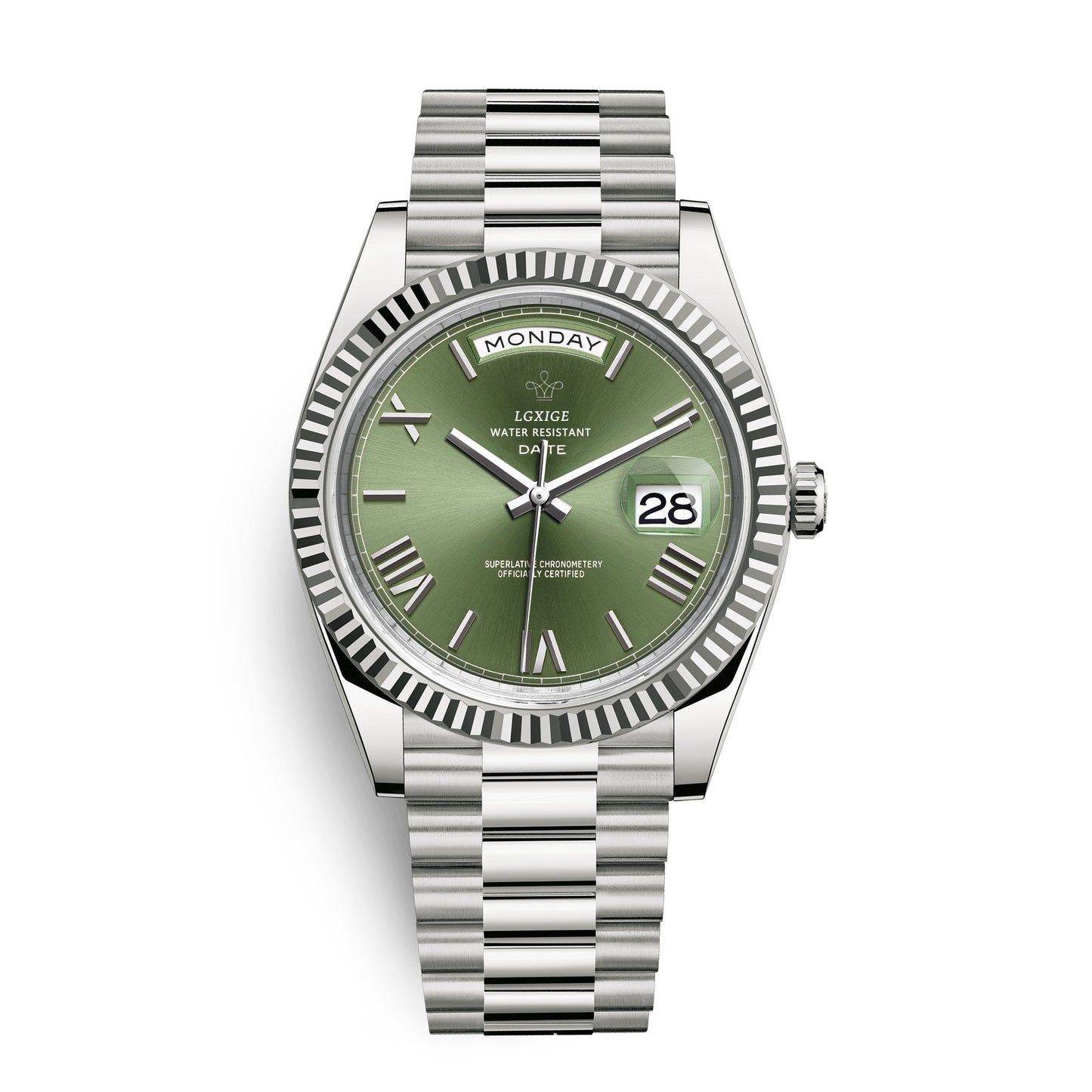LGXIGE Men's Gold Day-Date Watch | Champagne Dial Fluted Bezel Presidential Bracelet Roman Numeral Luxury Watch