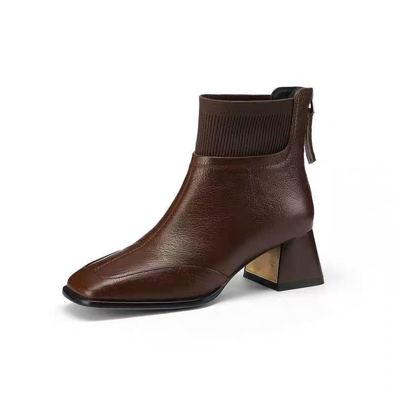 Black Leather Knit Sock Block Heel Ankle Boots with Square Toe | Chic Everyday Women's Boots