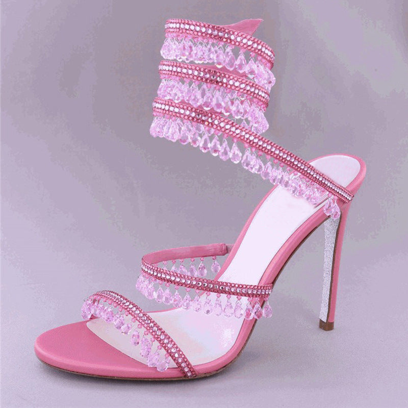 Champagne Nude Crystal Teardrop Spiral Wrap Stiletto Sandals | Women's Rhinestone Chandelier Leg Wrap High Heel Shoes