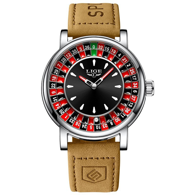 LIGE Casino Roulette Wheel Watch Men | Silver & Black Quartz Dress Watch | Leather Strap Novelty Gambling Timepiece Gift