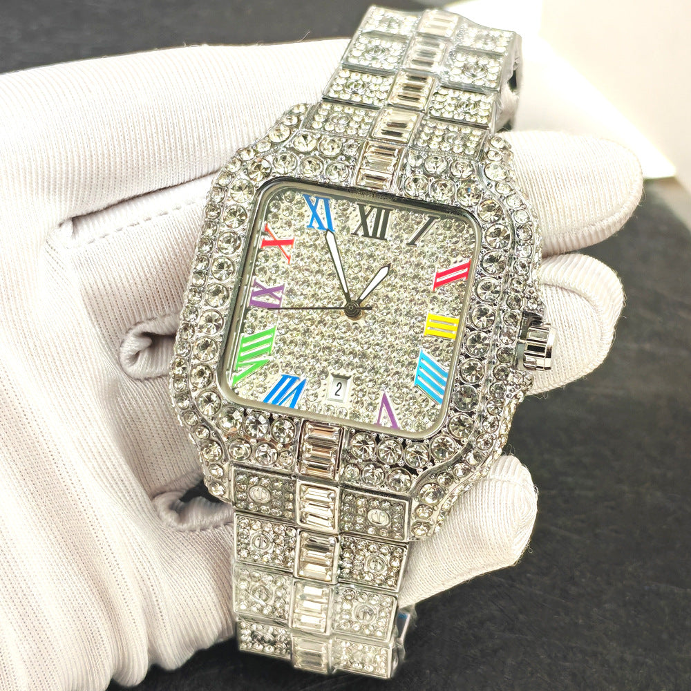 Iced Out Gold Square Watch | Full Diamond Crystal Baguette Bracelet Watch with Colorful Roman Numerals & Date Display | Hip Hop Luxury Watch