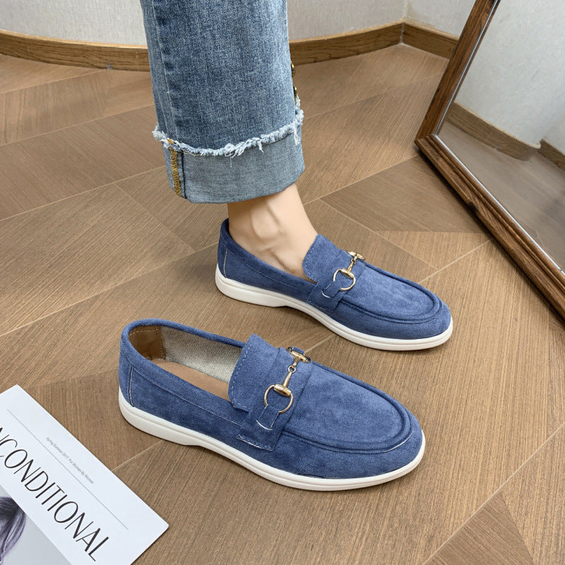 Women's Grey Suede Horsebit Loafers ? Luxury Inspired Slip-On Flat Shoes with Gold Hardware