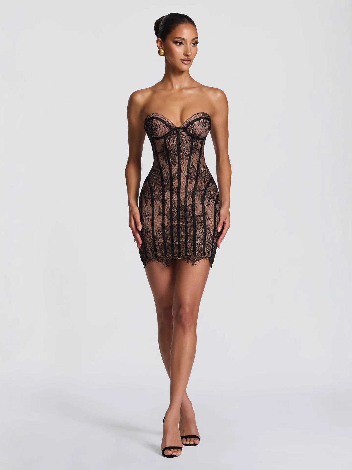 Burgundy Lace Corset Bodycon Dress | Strapless Sweetheart Sheer Lace Midi Dress | Women's Luxury Party & Evening Dress