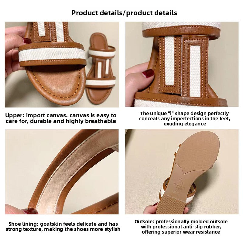 an Brown & White Canvas H-Strap Flat Sandals | Leather Trim Two-Tone Slip-On Mule Sandals for Women