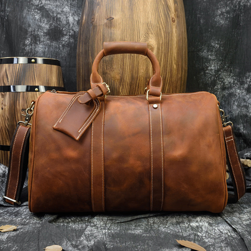 Tan Crazy Horse Leather Duffle Bag | Large Vintage Weekender Travel Bag with Luggage Tag