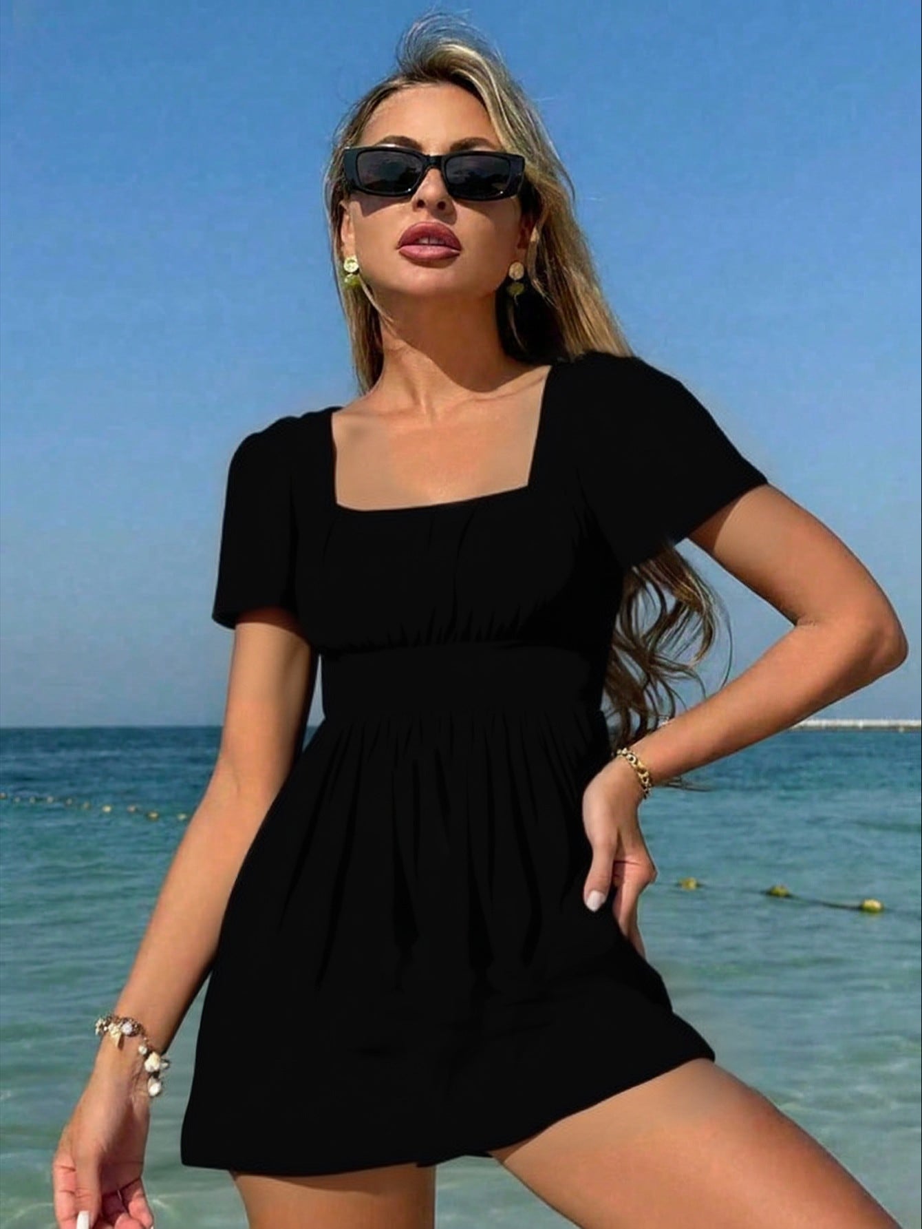 Women's Black Square Neck Short Sleeve Mini Dress - Ruched Bodice A-Line Flowy Summer Dress | Beach, Vacation & Casual Wear