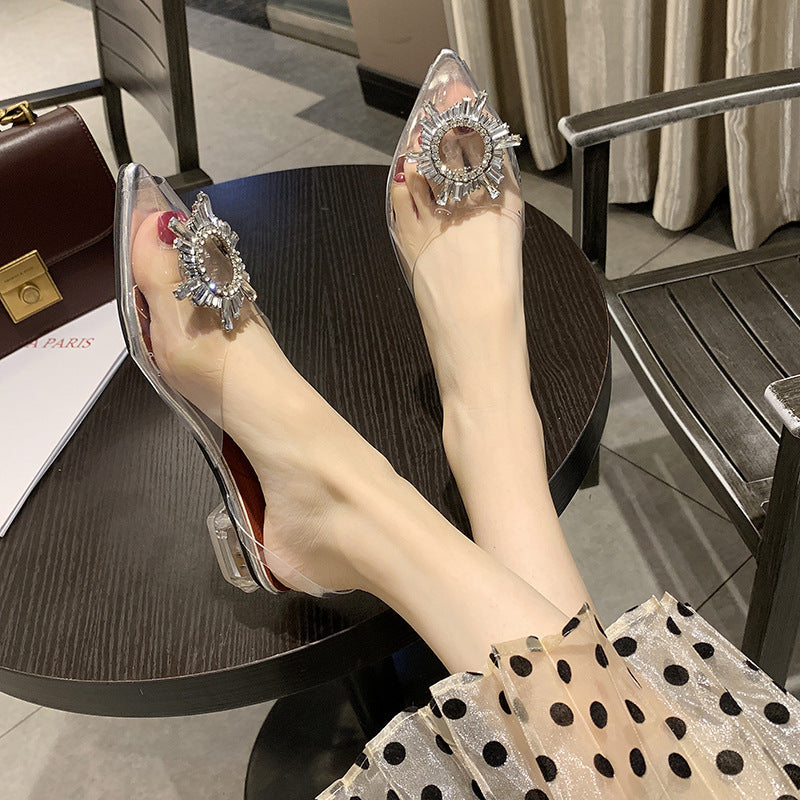 Clear PVC Pointed Toe Block Heel Mules with Crystal Sunflower Brooch | Transparent Rhinestone Heels for Women | Wedding Party Cinderella Shoes