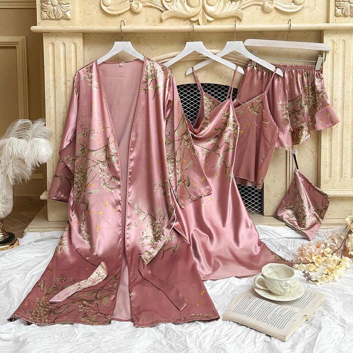 Women's 5-Piece Satin Floral Pyjama Set | Black Silk-Feel Robe, Slip Dress, Cami Top, Shorts & Bag | Luxury Sleepwear Gift Set