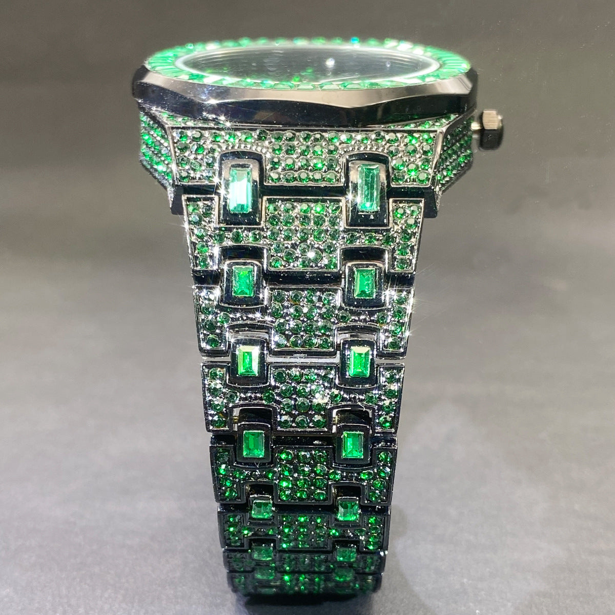 Iced Out Emerald Green Watch for Men | Full Pave CZ Baguette Bezel Luxury Hip Hop Watch with Date