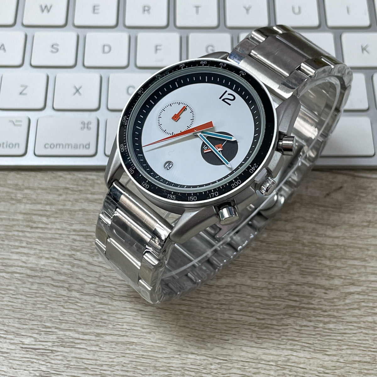 Hochleistungs-Leuchtchronograph für Herren | Sportuhr mit orange-türkisfarbenen Leuchtzeigern und Canvas-Armband 