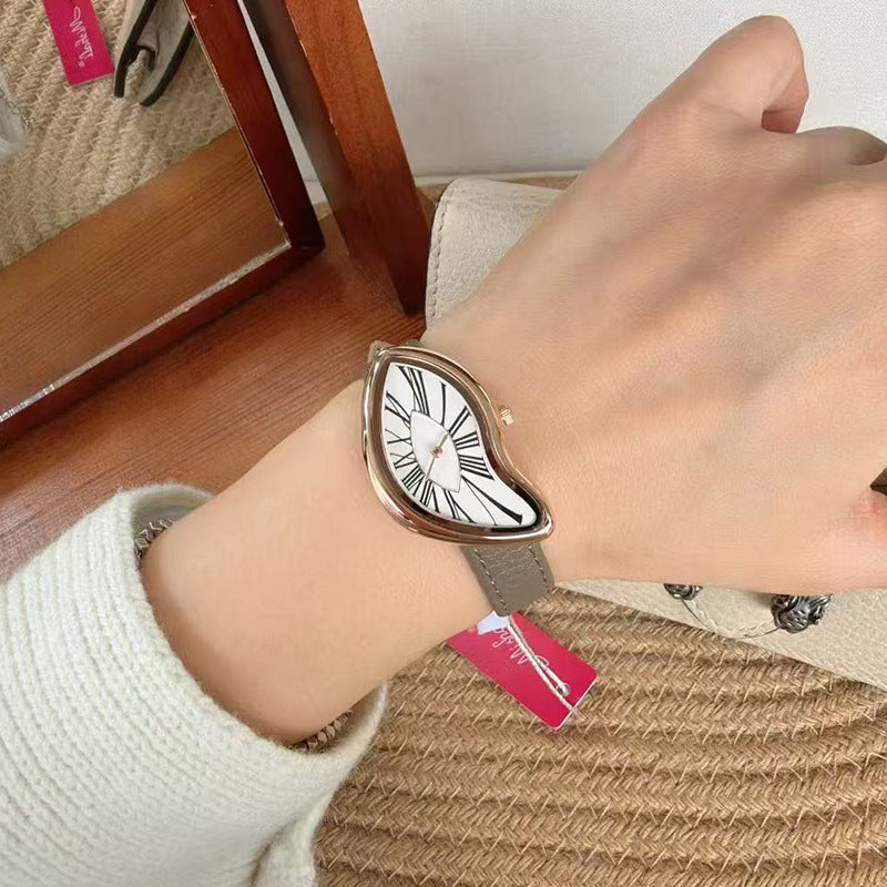 Salvador Dali Inspired Melting Watch | Surrealist Asymmetric Gold Case Women's Watch | Roman Numeral Leather Strap