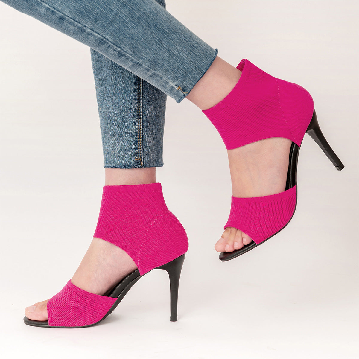 Hot Pink Knit Sock Stiletto Heels | Open Toe Ankle Wrap High Heel Sandals | Stretchy Fabric Dress Shoes for Women