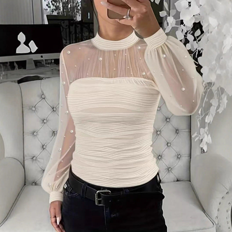 Pearl Mesh Splicing Long Sleeve Shirt