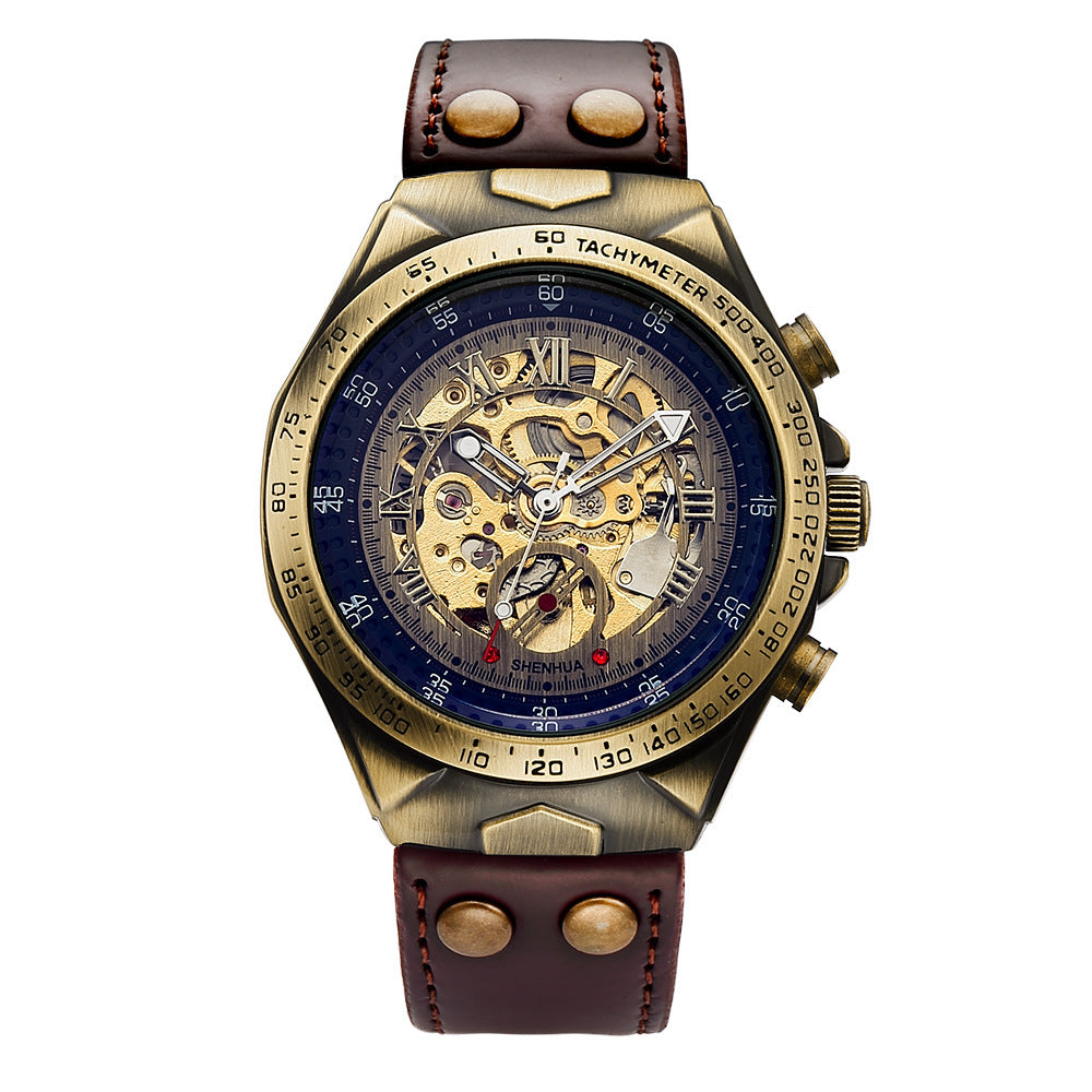Shenhua Bronze Skeleton Automatic Mechanical Watch Brown Leather Tachymeter Bezel | Men Vintage Steampunk Transparent Dial Luxury Wrist Watch