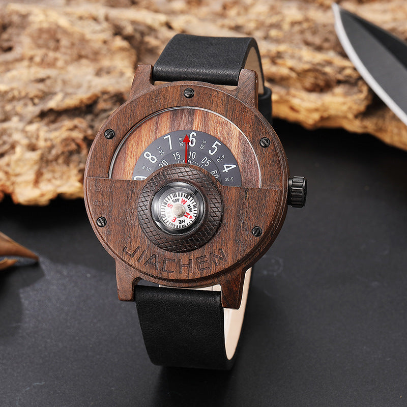 Mens Wooden Watch with Built In Compass Unique Turntable Dial Natural Wood Bracelet Quartz Wristwatch Handcrafted Gift for Men