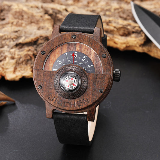 Mens Wooden Watch with Built In Compass Unique Turntable Dial Natural Wood Bracelet Quartz Wristwatch Handcrafted Gift for Men