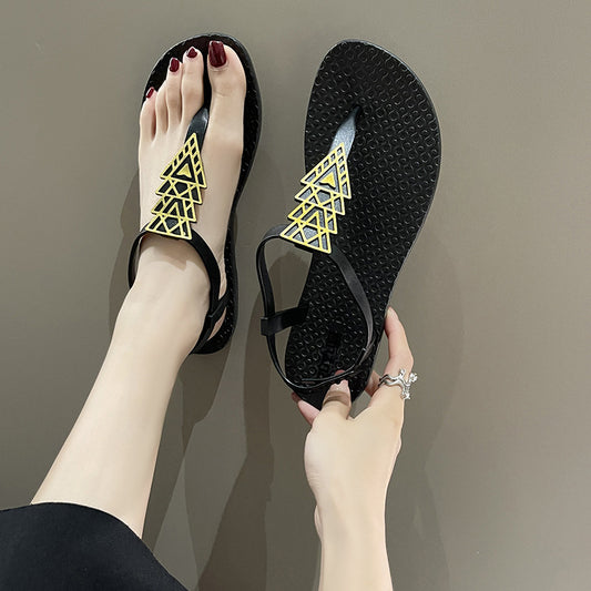 Women's Black Flat Thong Sandals with Gold Geometric Triangle Charm ? T-Strap Slingback Jelly Sandals for Summer & Beach