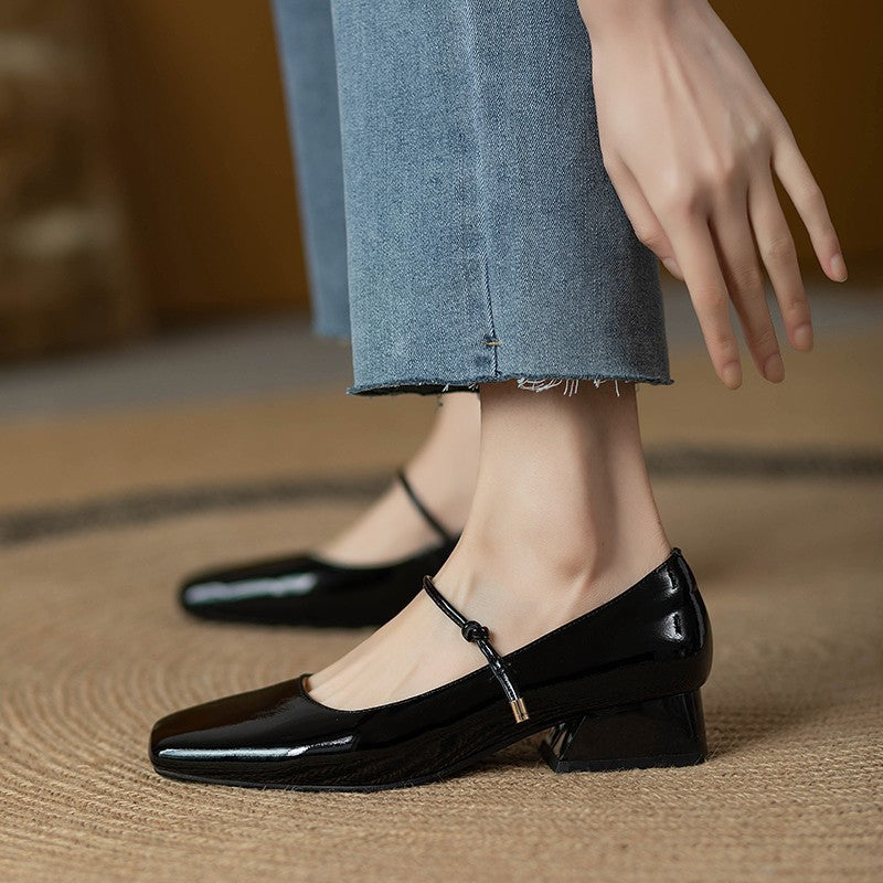 Wine Red Patent Leather Mary Jane Block Heel Pumps | Women's Square Toe Ankle Strap Low Heels | Retro Glossy Shoes