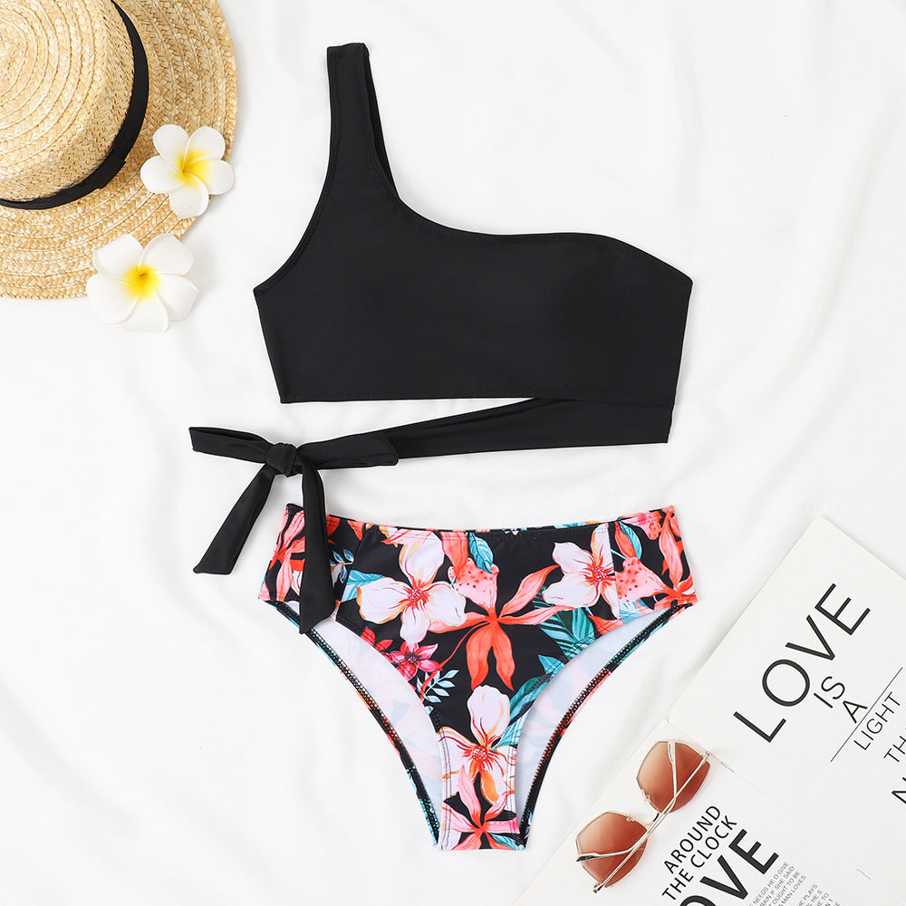 Olive Green One Shoulder Bikini Set, Wrap Tie Crop Top & High Waist Bottom, Women Solid Asymmetric Swimwear, Chic Resort Beach Swimsuit, Sage Green Two Piece Bathing Suit
