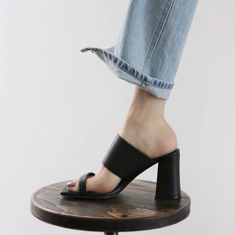 Black Leather Double Strap Wide Band Block Heel Mule Sandals | Women's Open Toe Chunky Heel Slip-On Shoes