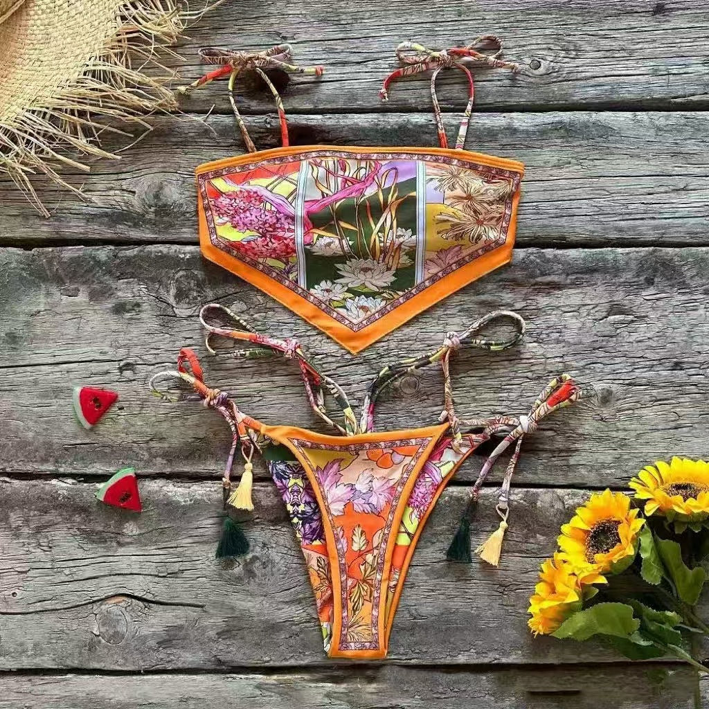 Costume intero con stampa botanica, monokini con scollo quadrato e laccetti laterali, costume da bagno femminile di lusso con pannelli floreali, costume da bagno boho da resort, costume da bagno arancione rosa tropicale per le vacanze