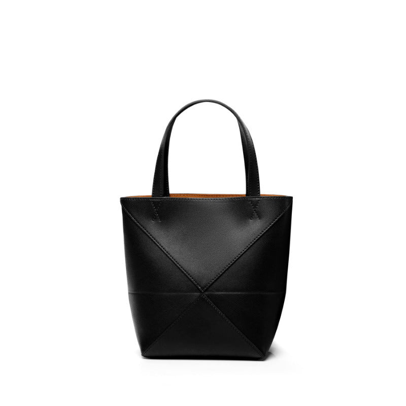 Black Leather Tote Bag - Minimalist Geometric Panel Shoulder Bag | Women's Large Capacity Work Shopping Tote
