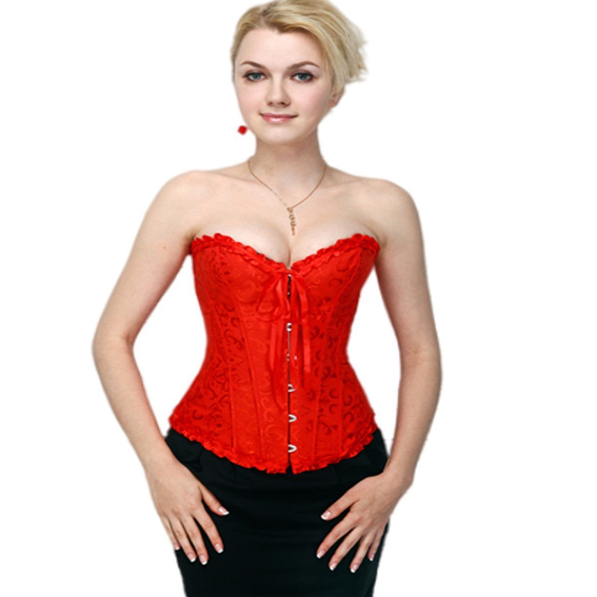 Red Brocade Overbust Corset | Black Ruffle Trim Bow Detail Boned Bustier Waist Cincher Women Halloween Burlesque Corset Top