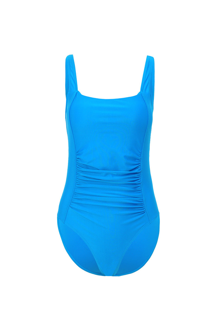 Black Ruched One-Piece Swimsuit | Square Neck Wide Strap Tummy Control Swimwear | Slimming Monokini for Women