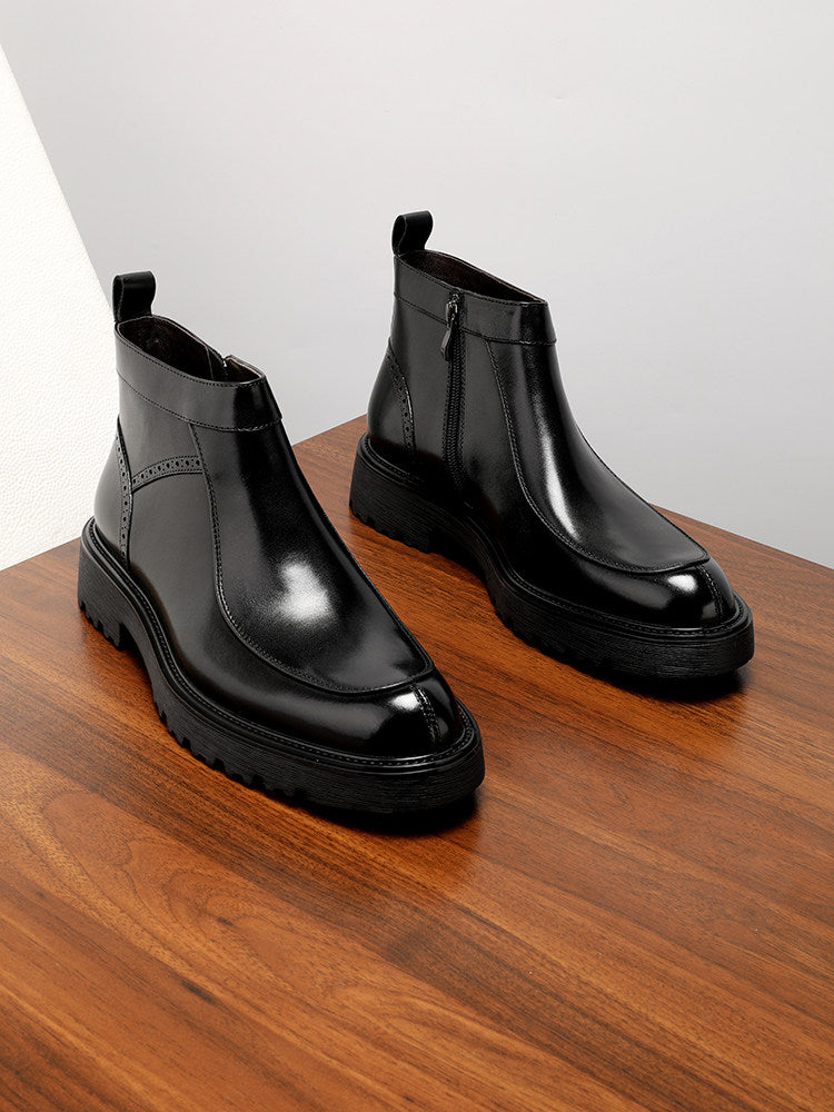 Men's Black Glossy Leather Platform Chelsea Ankle Boots | Luxury Zip-Up Thick Sole Dress Boots for Men
